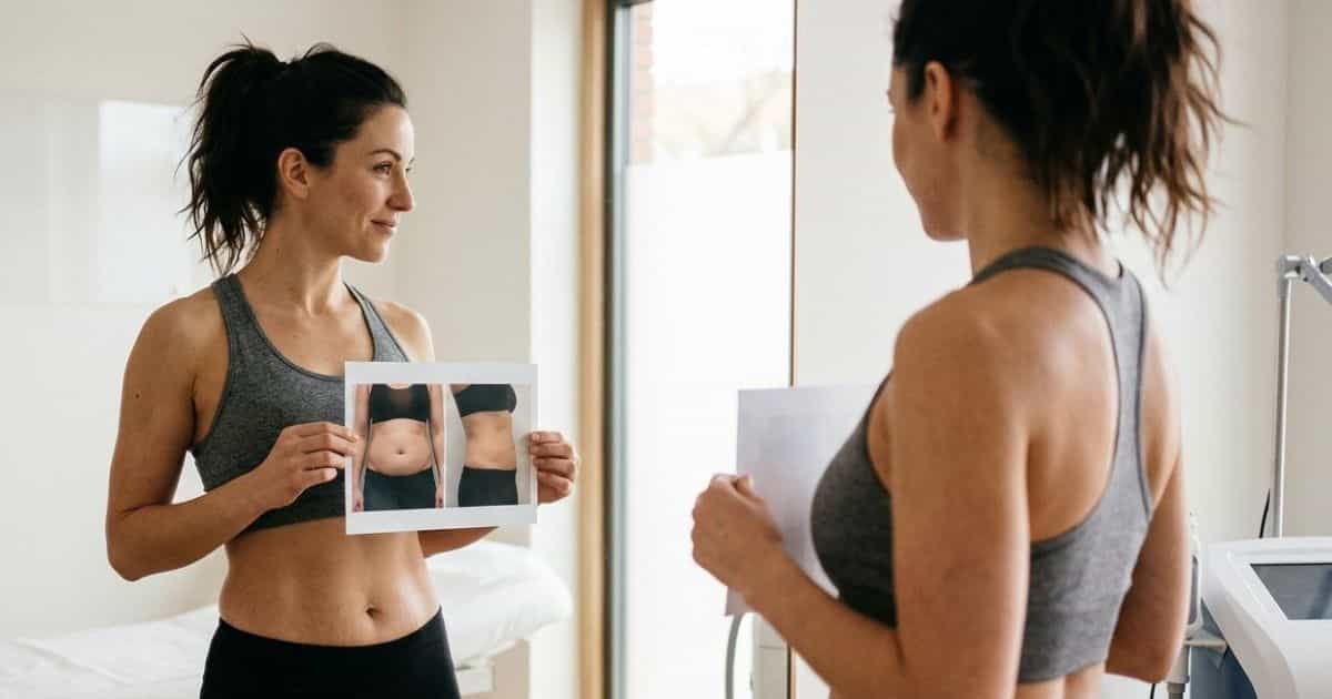 Résultat avant après cryolipolyse. Une femme naturelle et souriante montre une photo d'elle-même avec un ventre visiblement plus plat et sculpté sur son corps actuel. Elle est dans le centre Eliskin, avec un appareil Cryoplastie® visible en arrière-plan. La silhouette est raffermie.