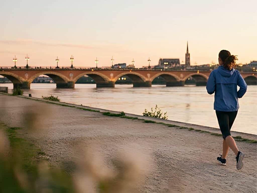 Vue arrière d'une femme en tenue de course légère (veste bleue), courant sur un chemin au bord de la Garonne à Bordeaux. Le Pont de Pierre et la silhouette de la ville sont visibles au coucher du soleil.