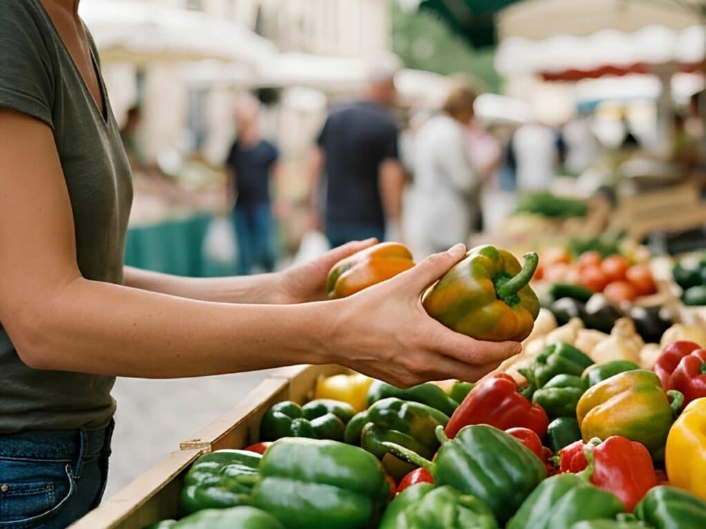 Plan rapproché sur les mains d'une personne choisissant un poivron jaune et rouge sur un étal de marché coloré à Bordeaux, rempli de légumes frais et sains. Des acheteurs flous sont à l'arrière-plan.