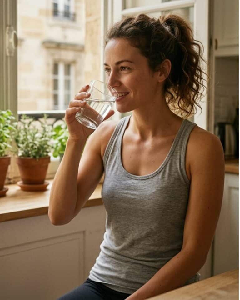Une femme souriante, portant un haut de sport gris, boit un verre d'eau fraîche dans une cuisine lumineuse. Des plantes vertes sont visibles sur le plan de travail. Elle suit des conseils post-cryolipolyse.